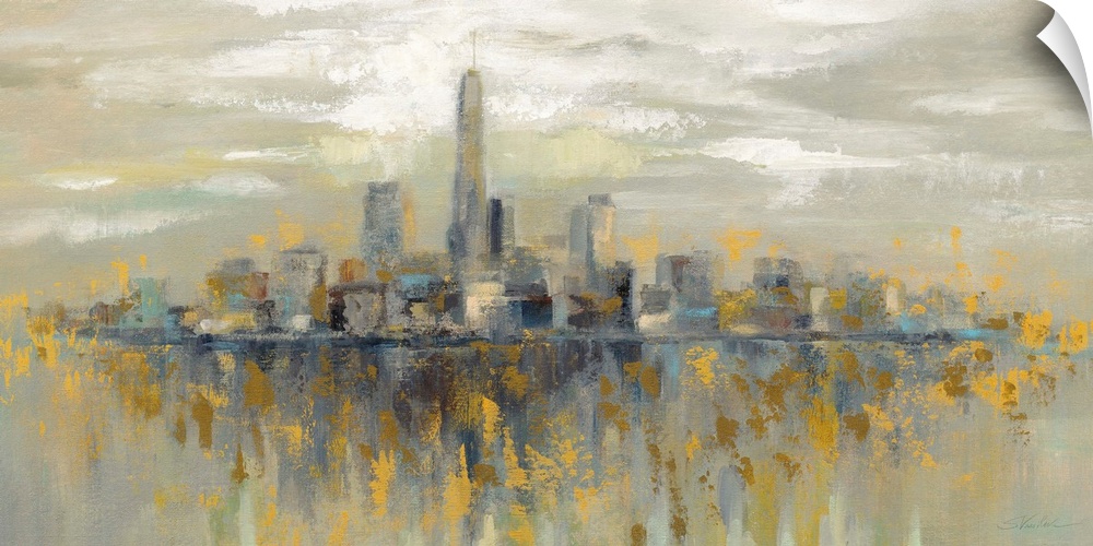 Contemporary landscape painting of the skyline of New York City with yellow accents.
