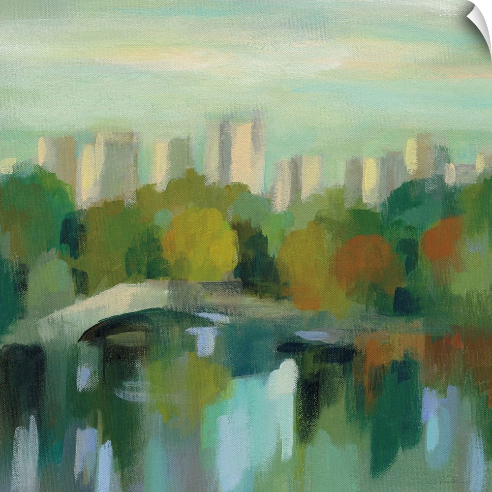 Contemporary artwork featuring impressionistic brushes of scenic view of Manhattan, New York.