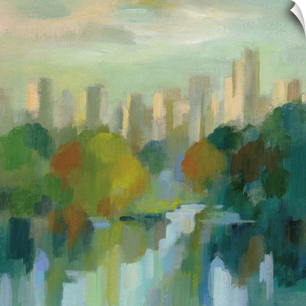 Contemporary artwork featuring impressionistic brushes of scenic view of Manhattan, New York.