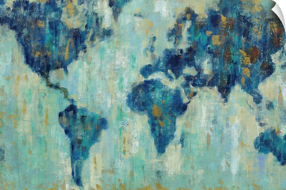 A contemporary painting of a world map in a blue tones against a pale teal background.