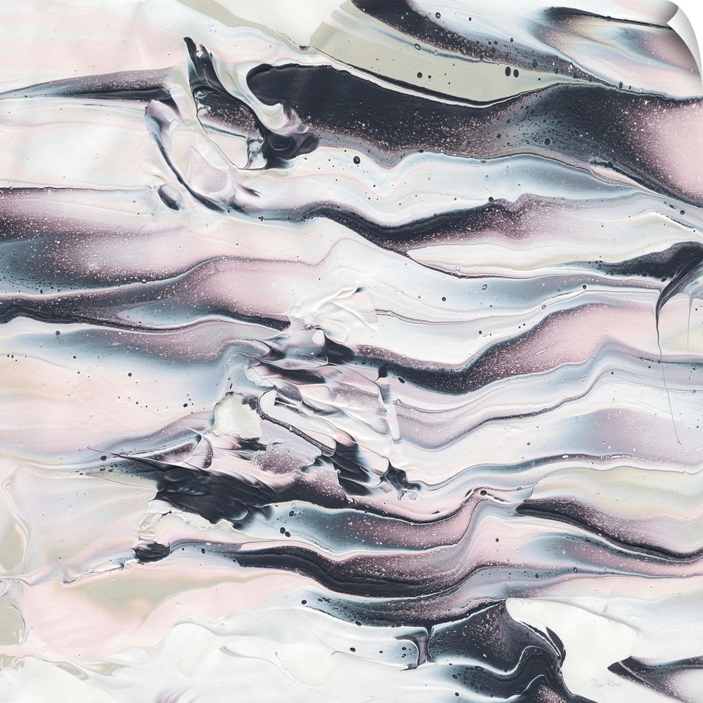 Square abstract painting of pink, green, blue, black, and white marbling creating movement horizontally throughout the canvas