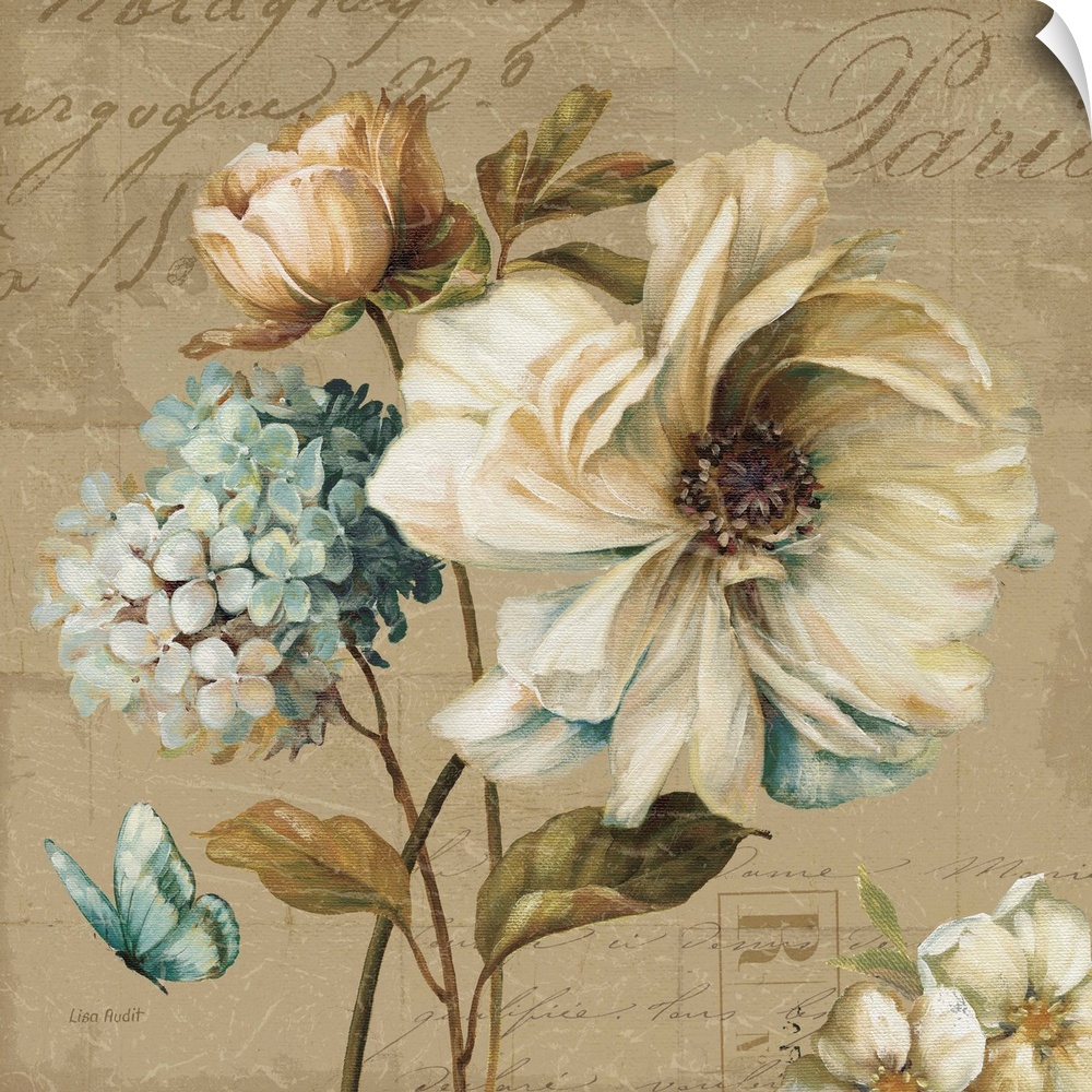 Contemporary artwork of flowers against a with text.