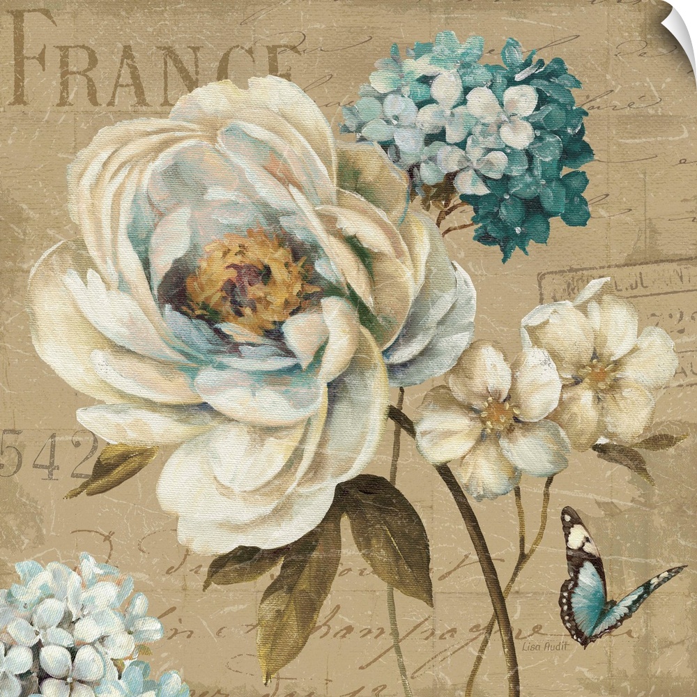 Contemporary artwork of flowers against a with text.
