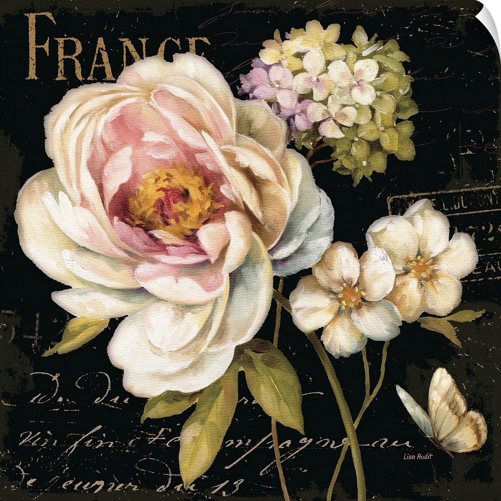 Painting of floral bouquet with fancy script text in background.