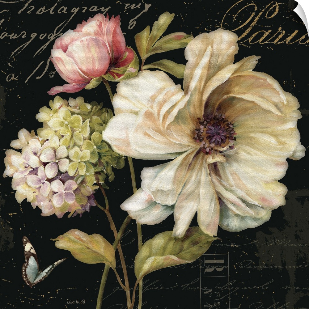 Contemporary artwork of flowers against a text background.