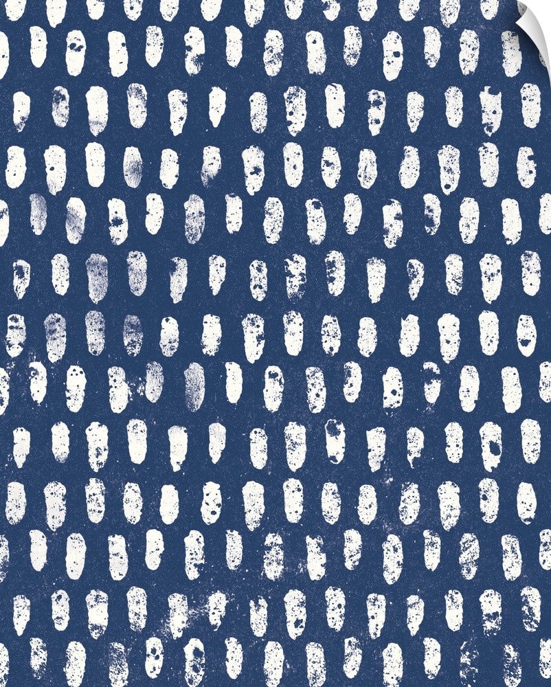 Abstract artwork with white oblong shapes creating a pattern on a navy blue background.