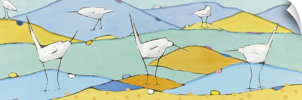 Long, horizontal abstract painting of six white egrets in a pastel colored marsh.