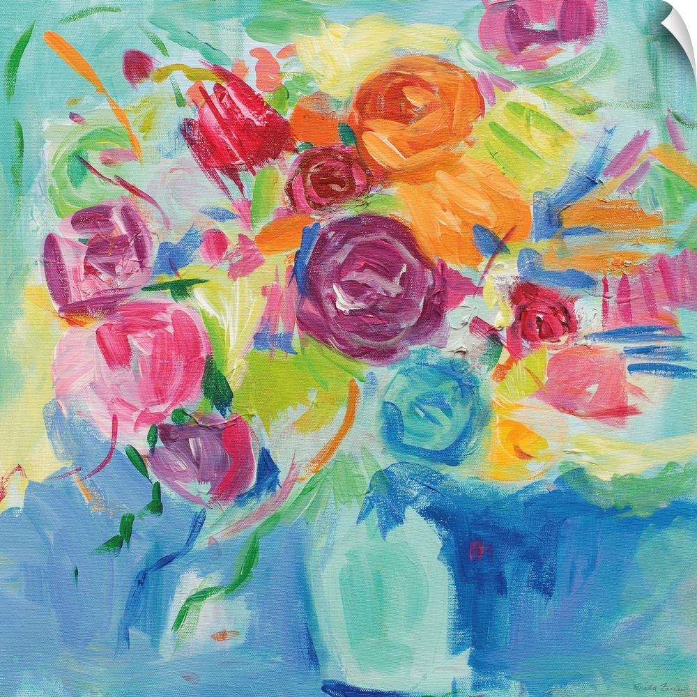 Square abstract painting of a bright Spring floral arrangement on a blue and green background.