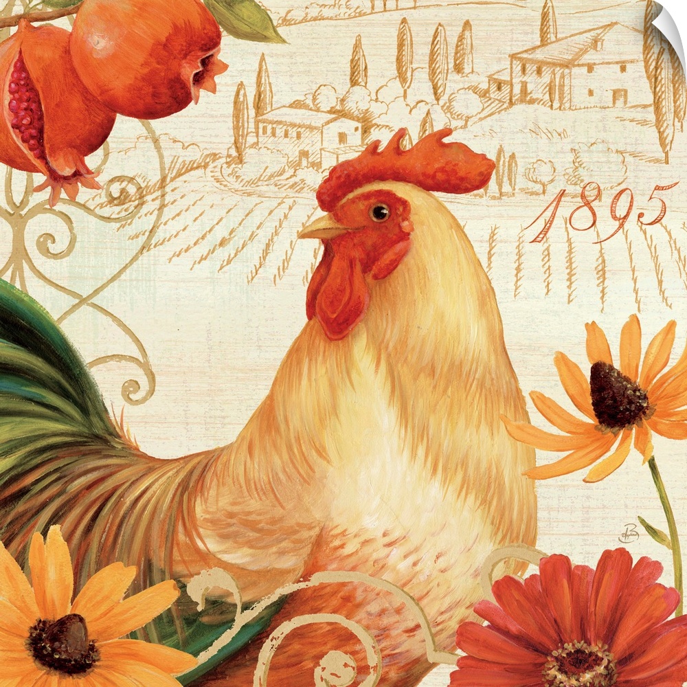 Contemporary artwork of a rooster surrounded by flowers, against a background of idyllic scenery.