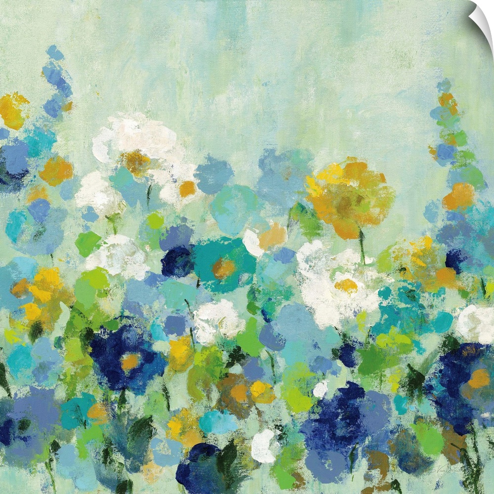 A square painting of multi-colored blooming flowers in a garden.
