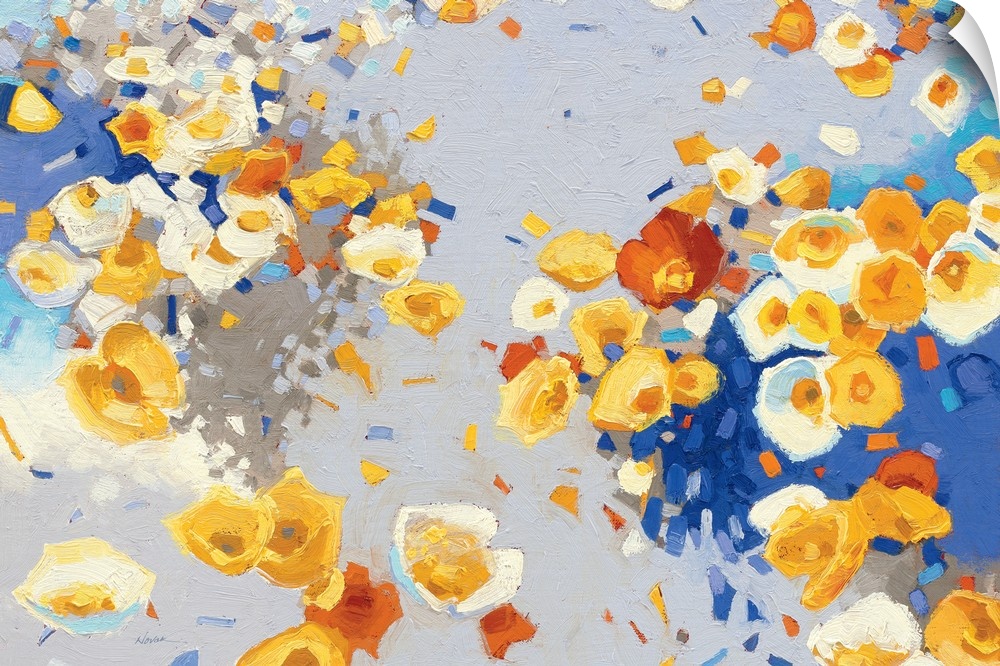 Painting of swirling groups of yellow, white, and red flowers.