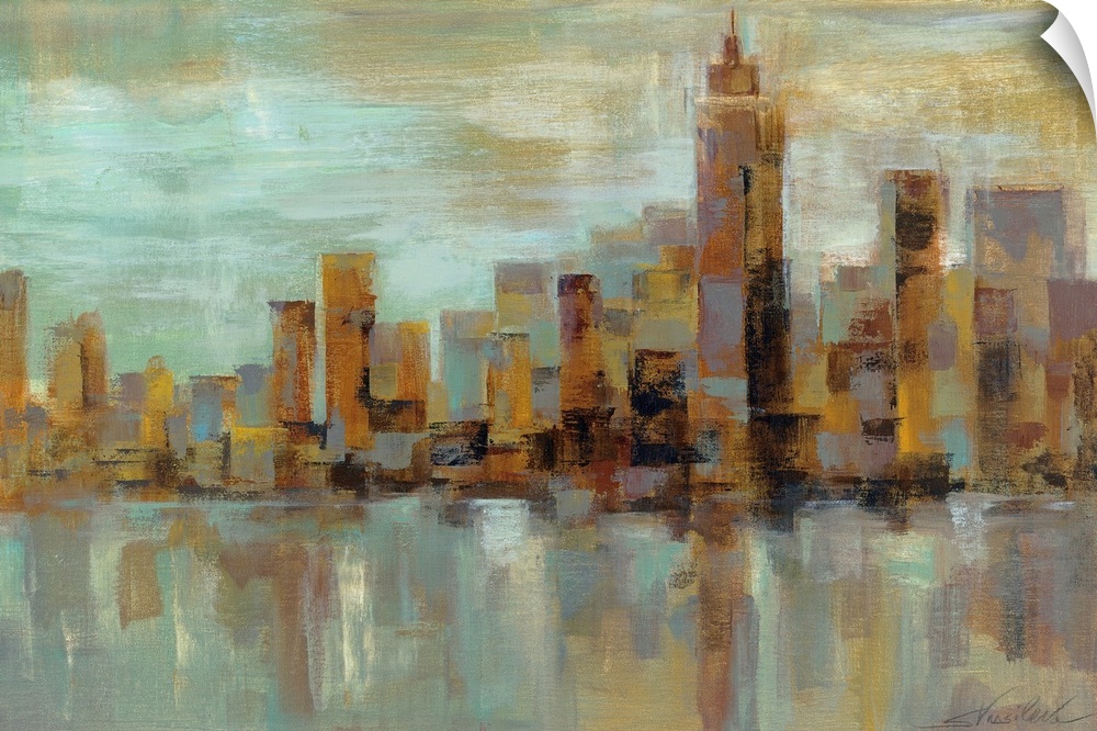 Abstract painting of a misty cityscape with buildings made out of broad strokes.