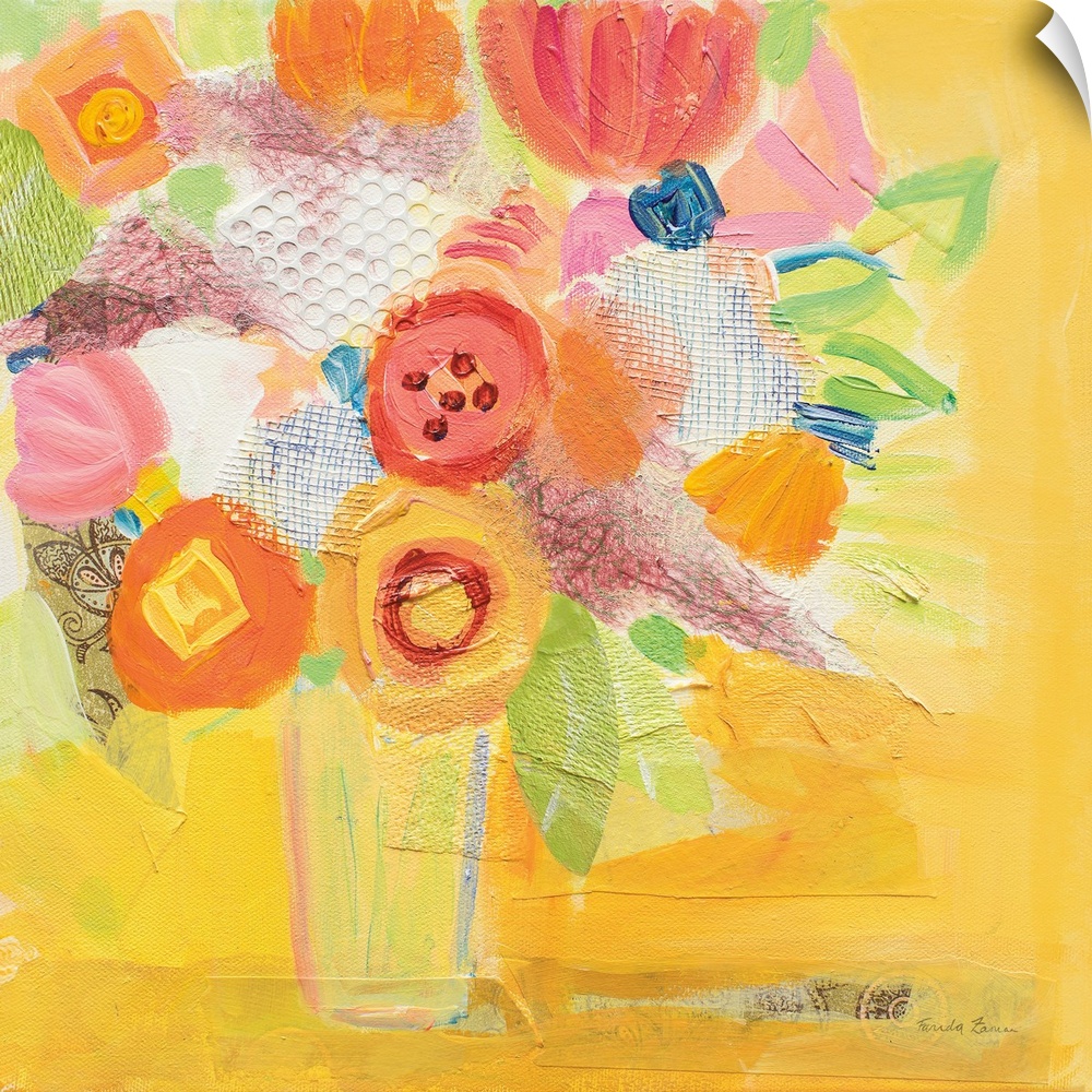 Square abstract painting of a vase of  flowers in eye-catching bright colors.