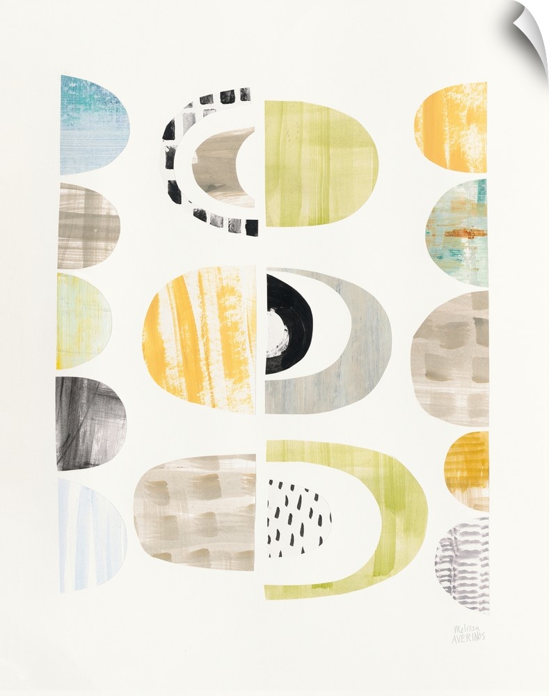 Vertical contemporary collage of cut out curved shapes in various natural patterns forming an abstract design.