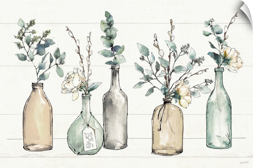 A perfect accent piece to a shabby chic or farmhouse docor scheme, this lovely illustration of colored glass bottles holdi...