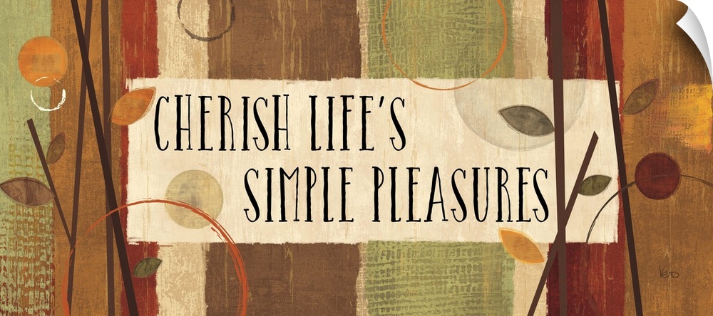 Branches and leaves over autumn colors surrounding the phrase "Cherish Life's Simple Pleasures."