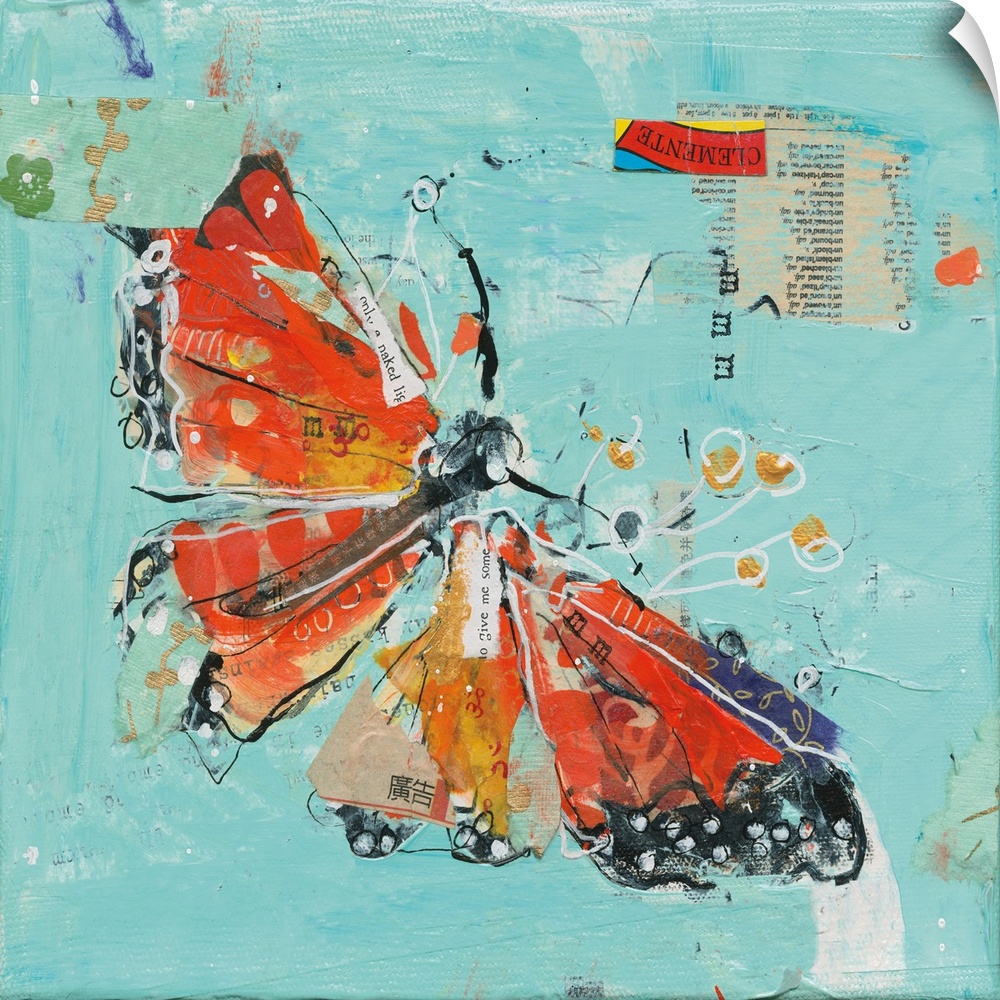 Orange and red abstract monarch butterfly on a teal background made with mixed media.