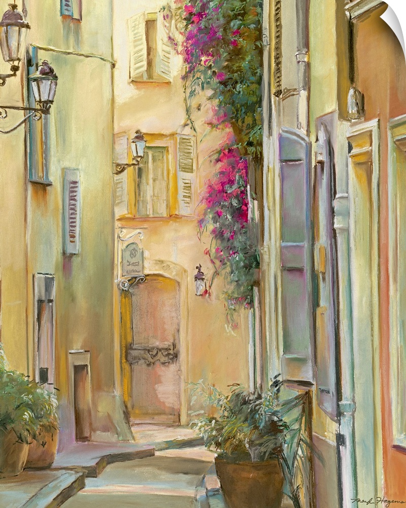 Painting of village alleyway lined with buildings full of windows and flower pots.
