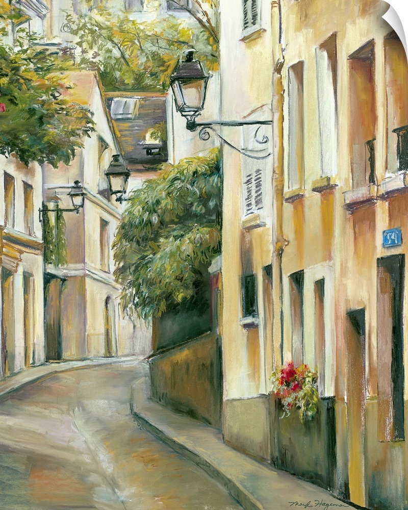 Painting of city alleyway that is lined with tall buildings filled with windows and flower pots.