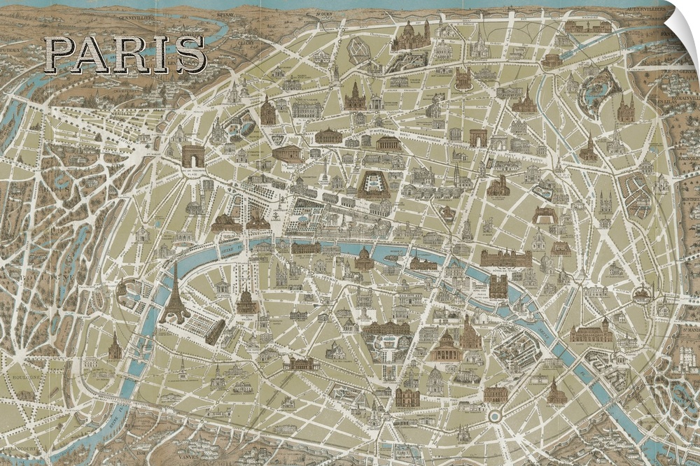Artwork that is an antique map of Paris with drawings of landmarks corresponding to their locations on the map.