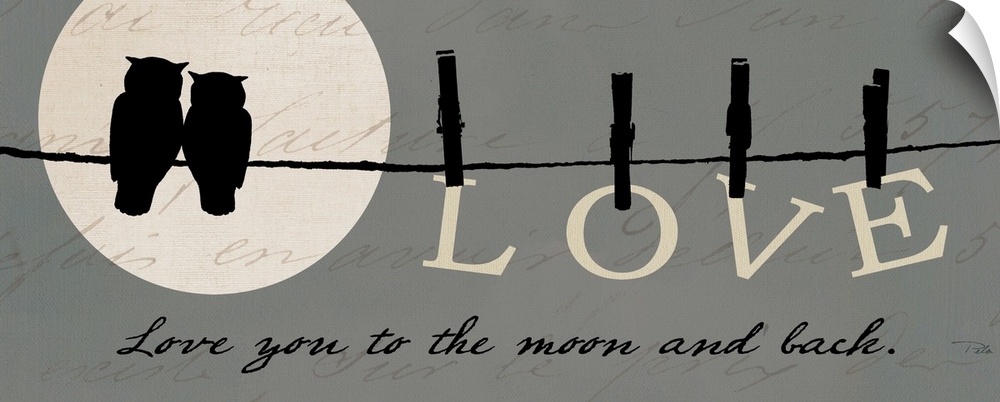 This panoramic piece shows a silhouette of two owls sitting on a wire in front of the moon with the word "LOVE" hanging fr...