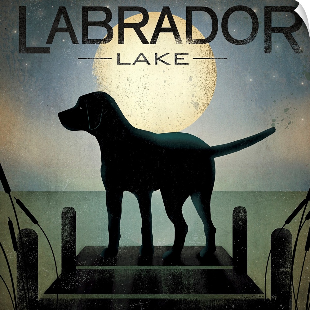 Big illustration shows a dark canine standing alone on the dock of a lake surrounded by a few cattails on either side of i...