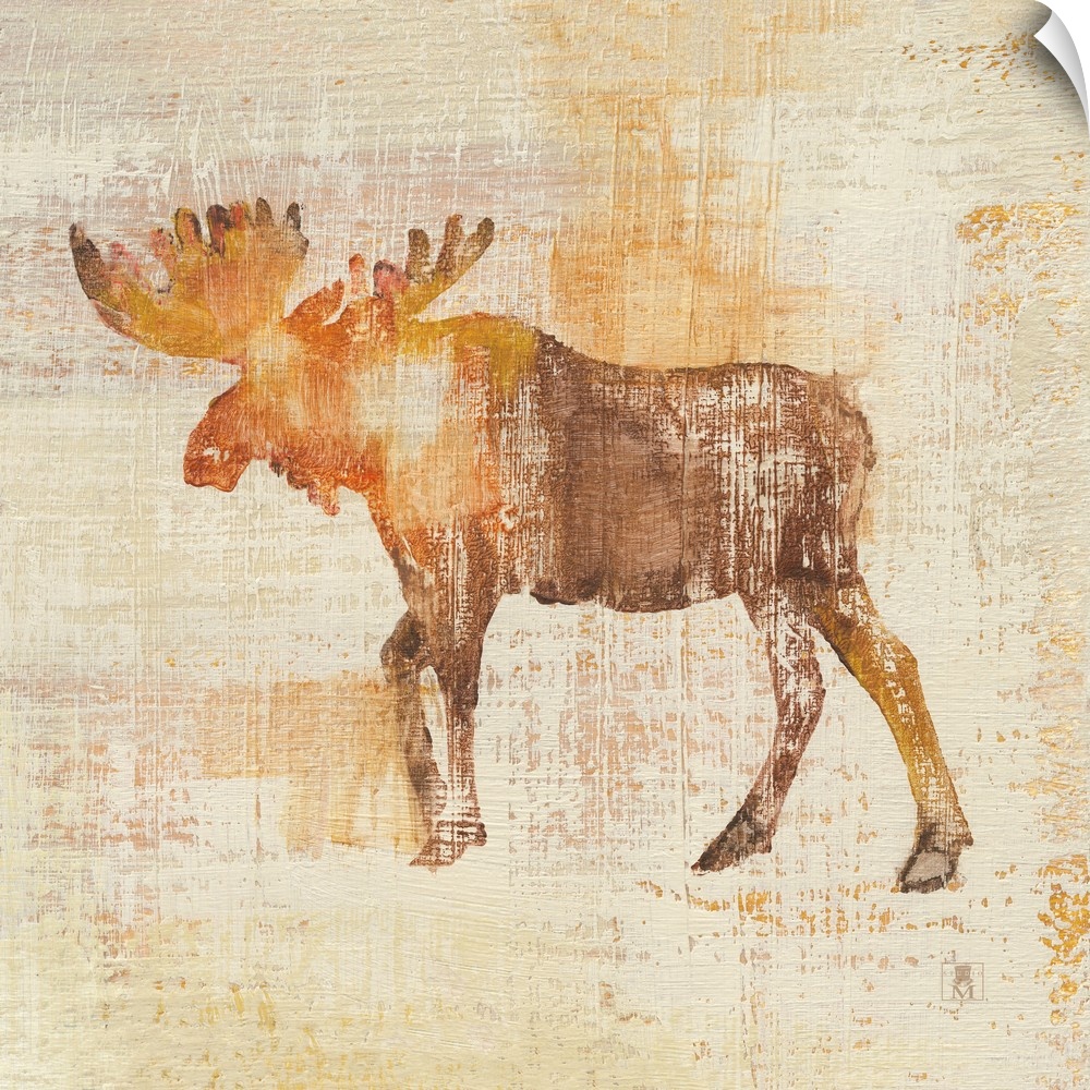 Large square painting of a moose in textured brush strokes in orange, brown and gold.
