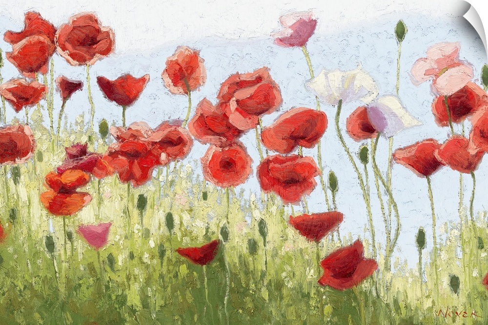A horizontal impressionistic painting of a field of poppies.