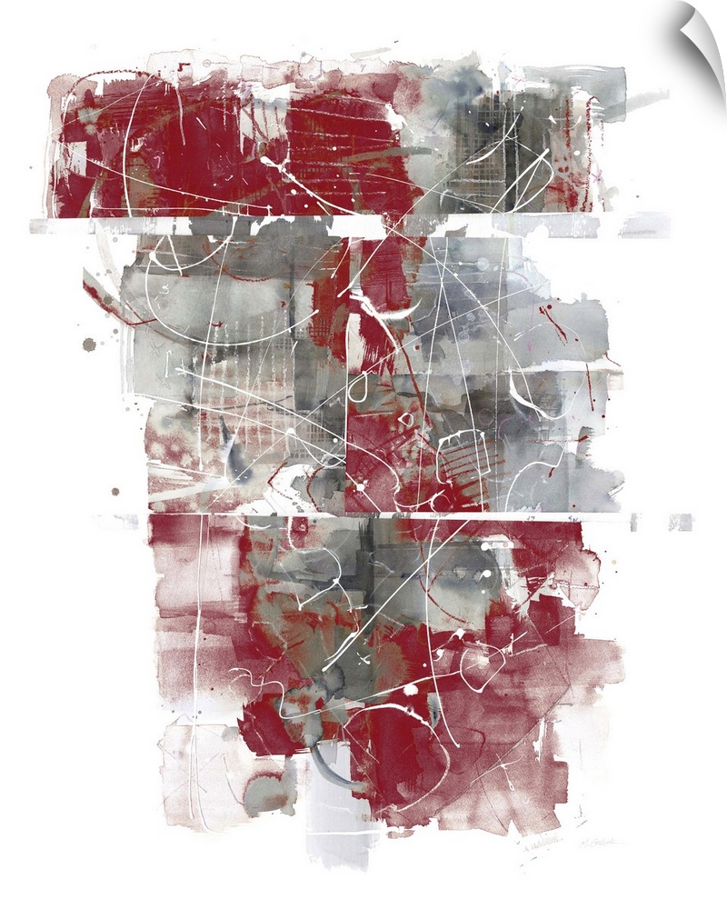 Large abstract painting with gray and red hues layered on top of each other and thin, squiggly, white lines on top.