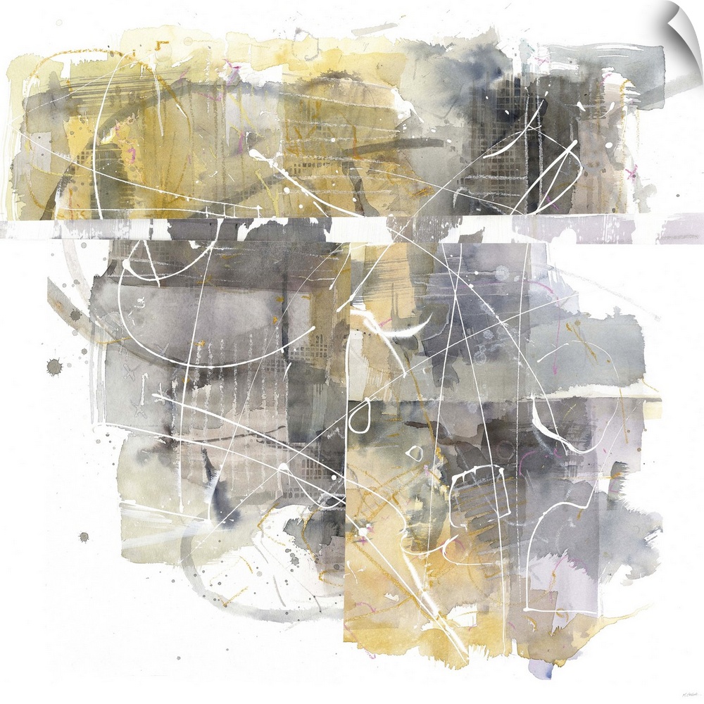 Busy square abstract painting in shades of yellow and grey on a white background.