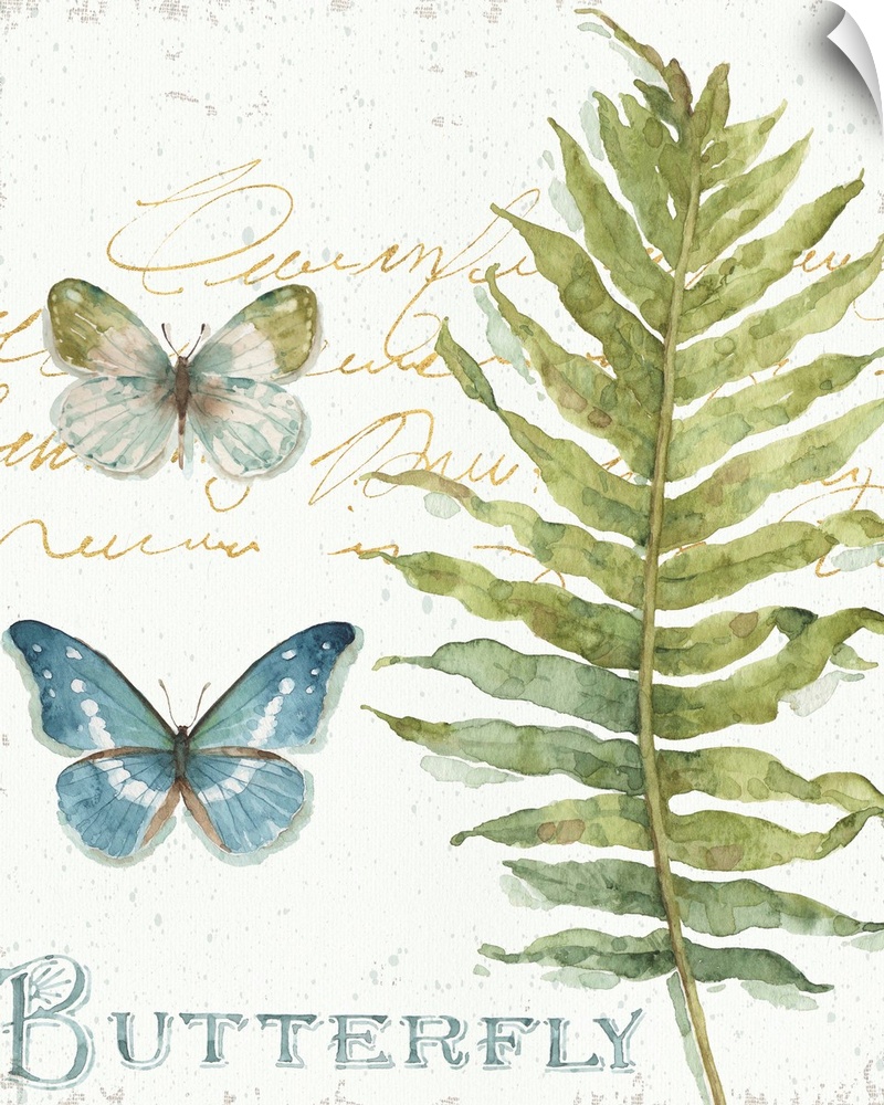 Watercolor painting of leaves and two butterflies with the word "Butterfly" written in blue on the bottom and gold handwri...