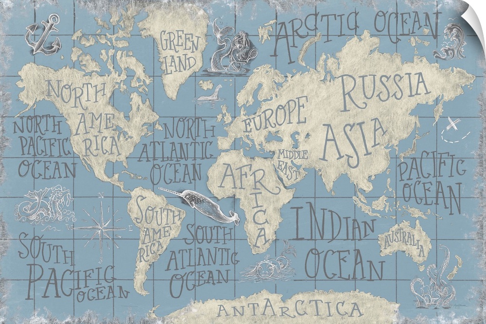 Decorative artwork of a vintage stylized maps with different parts labeled in a serif font.