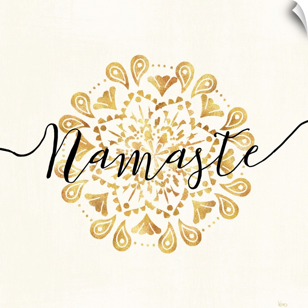 Shiny gold mandala on a neutral background with the word "Namaste" written through the center.