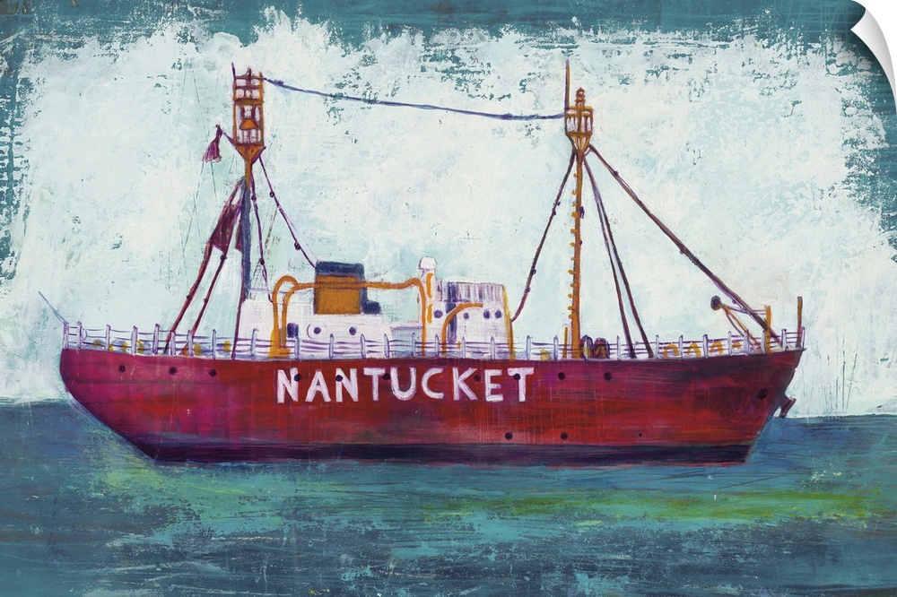 Contemporary painting of a Nantucket boat on blue green water with a big white splash background.