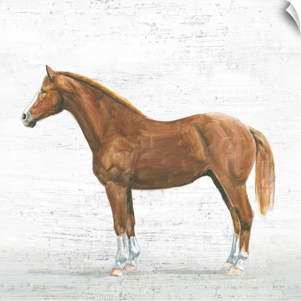 Square painting of a light brown horse on a textured white and gray background.