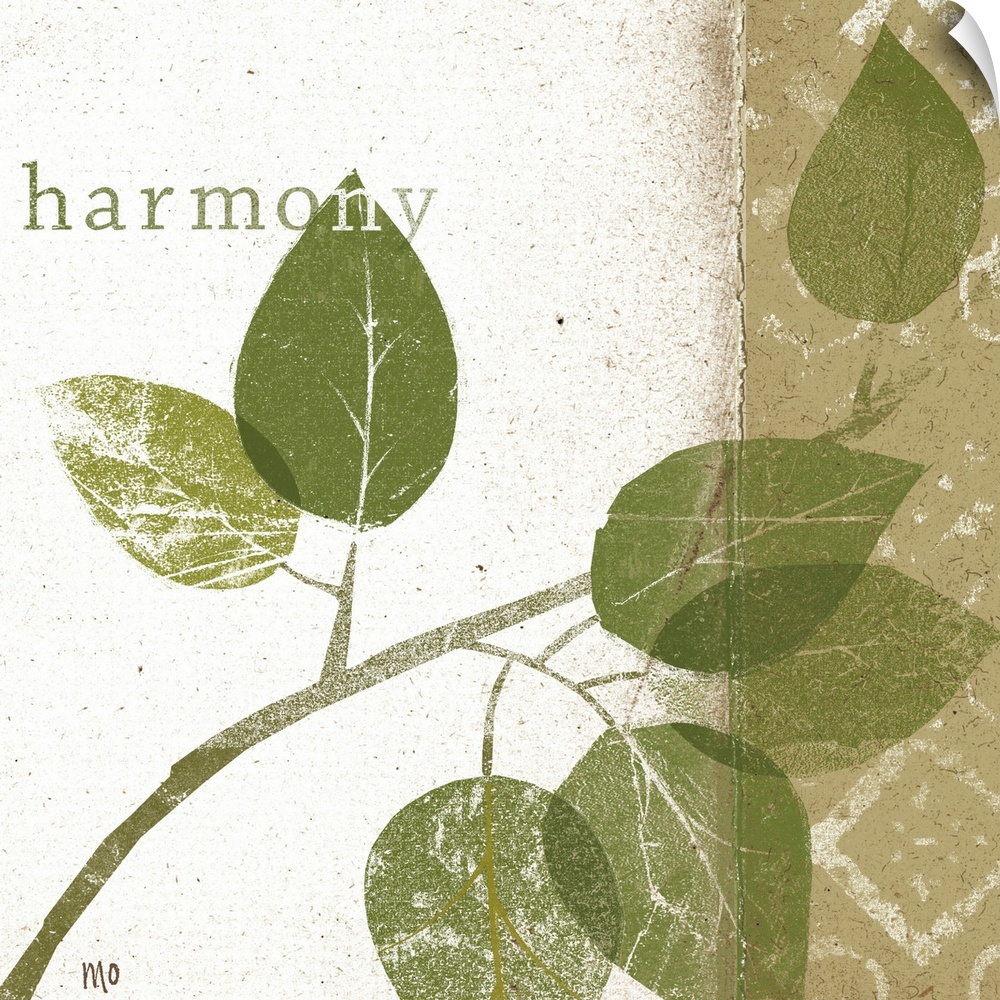 Contemporary artwork with eroded branch and leaf silhouettes with the text "harmony" overlain.