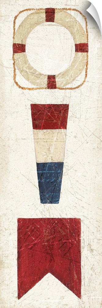 Vertical painting of three nautical elements, including two flags and a lifesaver.