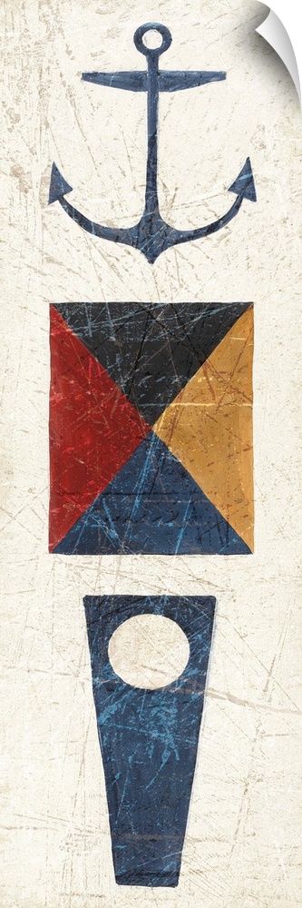 Vertical painting of three nautical elements, including two flags and an anchor.