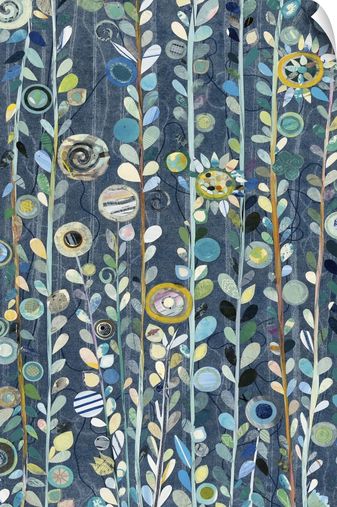 Contemporary painting of long stems of leafy flowers against a navy blue background.