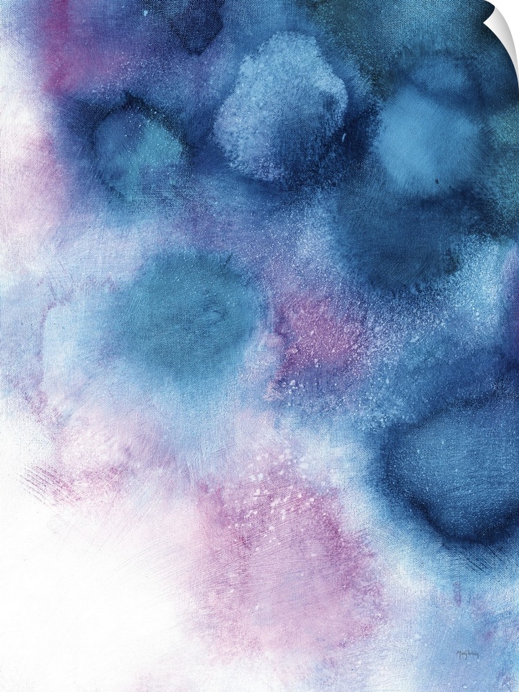 Large abstract painting in blue and purple tones representing space nebula on a white background.