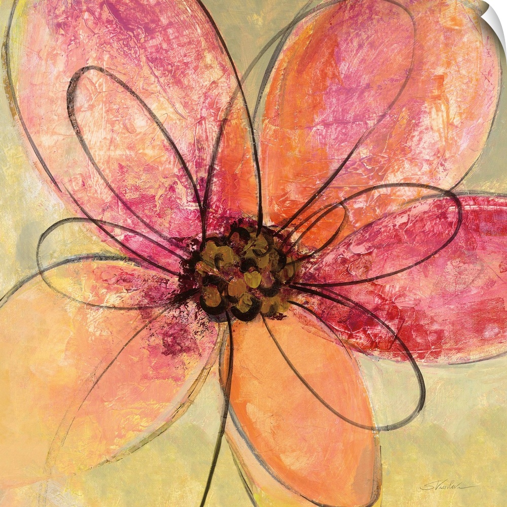 Square painting of a big pink and orange flower with black outlined petals on a neutral green and brown hued background.
