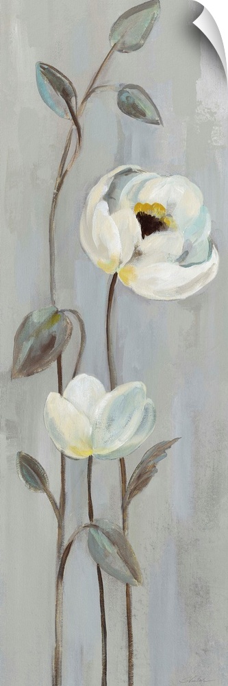 Tall cool toned painting of white flowers with long, thin stems on a grey background.