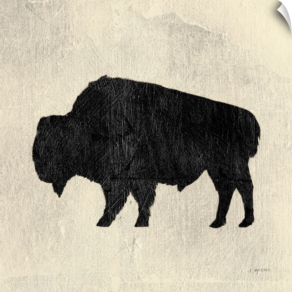 Decorative artwork of a bison silhouette over cream colored background with paint brush textures throughout.