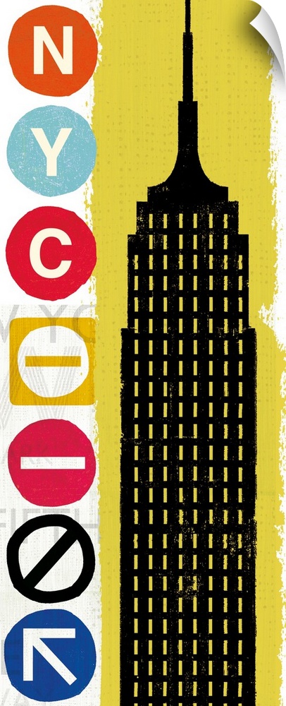 Digital illustration of the Empire State Building with "NYC" on the side made out of subway icons.