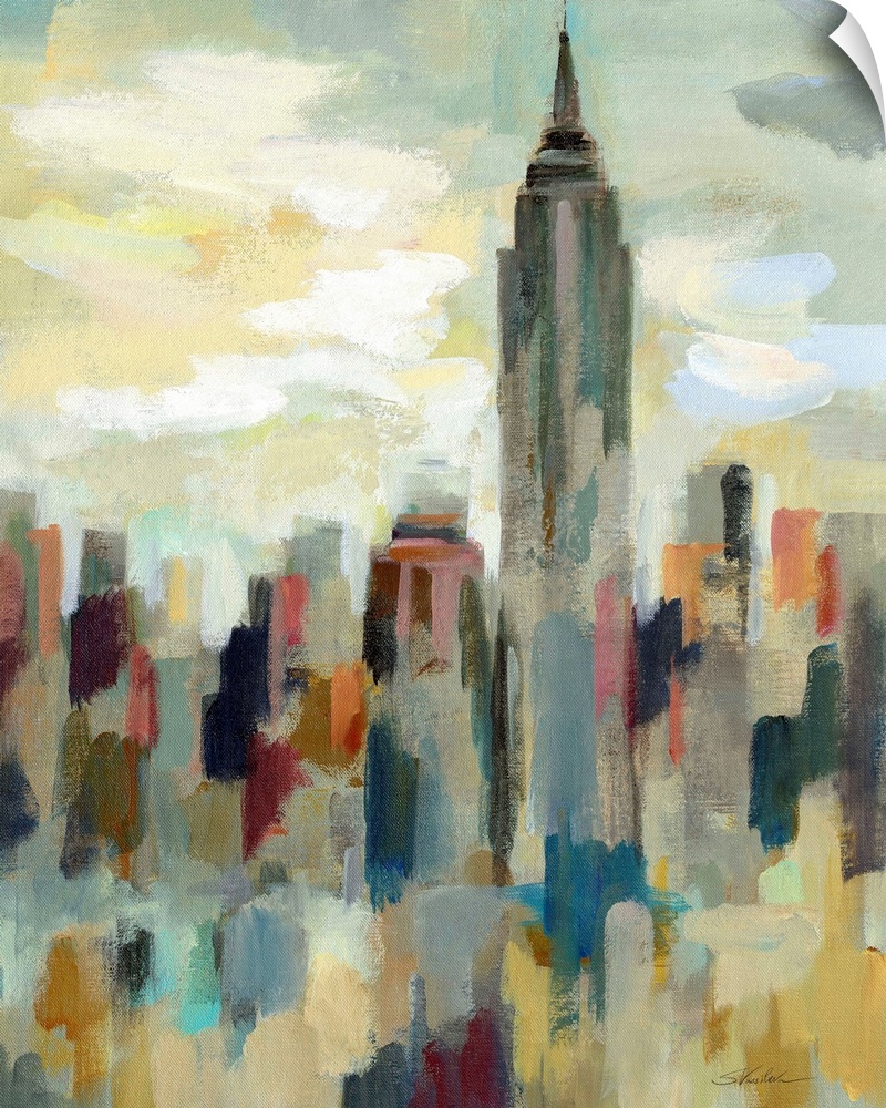 Cityscape painting of New York City painted in an impressionistic style with the Empire State Building on the right.