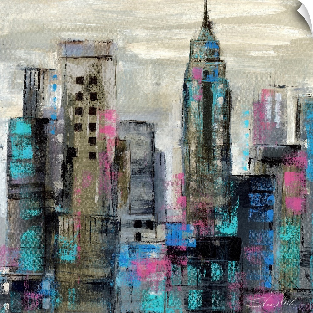 Contemporary painting of a city skyline in dark cool tones.