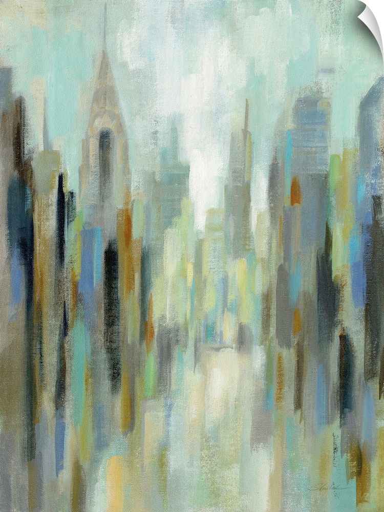 Abstract painting of a New York City cityscape with the Chrysler building on the left.