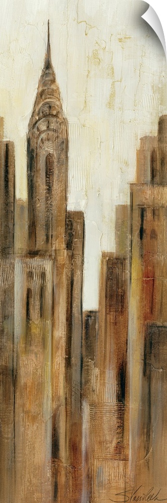 This tall panoramic piece is a painting of just a part of the skyline in New York City.