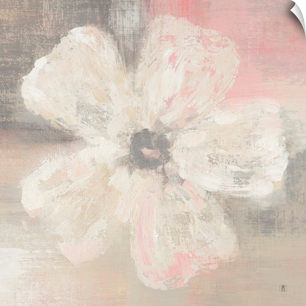 Square decor with a painting of a single white flower on a pastel pink and gray background.