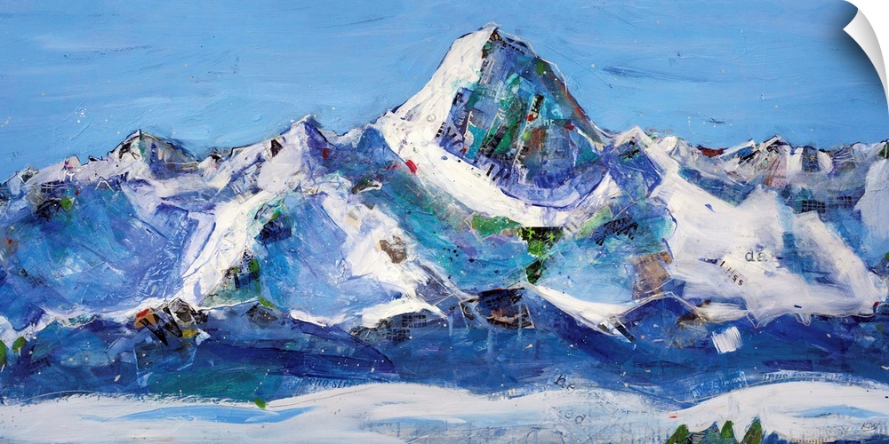 Abstract painting of a snowy mountain landscape in cool tones.